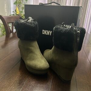 New in Box. DKNY Nadra-Wedge Bootie, Faux Cow Fur, Camo Green/Blk